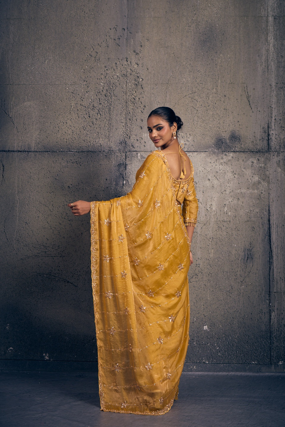 Yellow Tissue Silk Saree with Hand Embroidery with Stitched Blouse