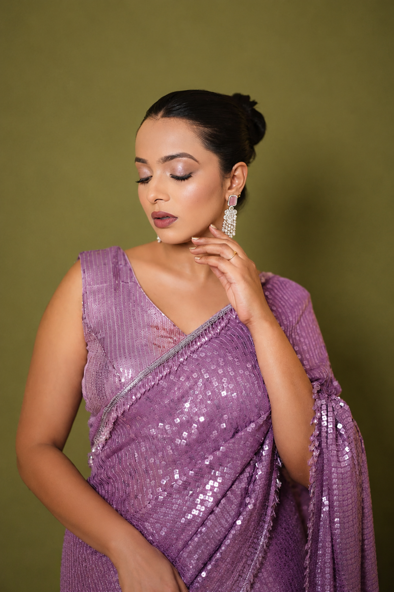 Purple All-Over Sequin Embroidery Saree With Ready To Wear Blouse