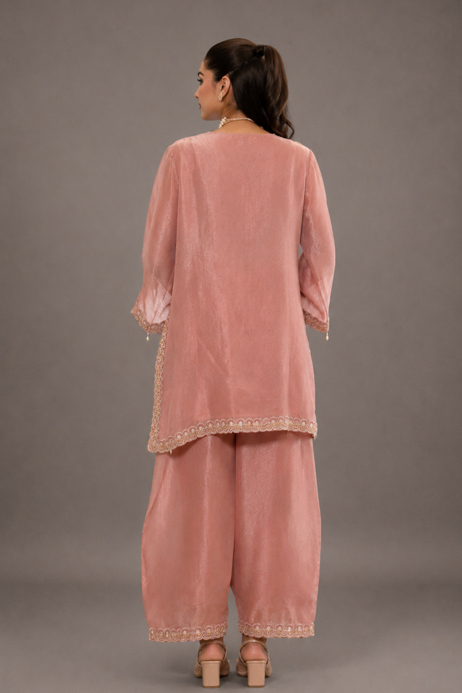 Blush Pink Shimmer Silk Kurta Set with Embroidered Designer Work