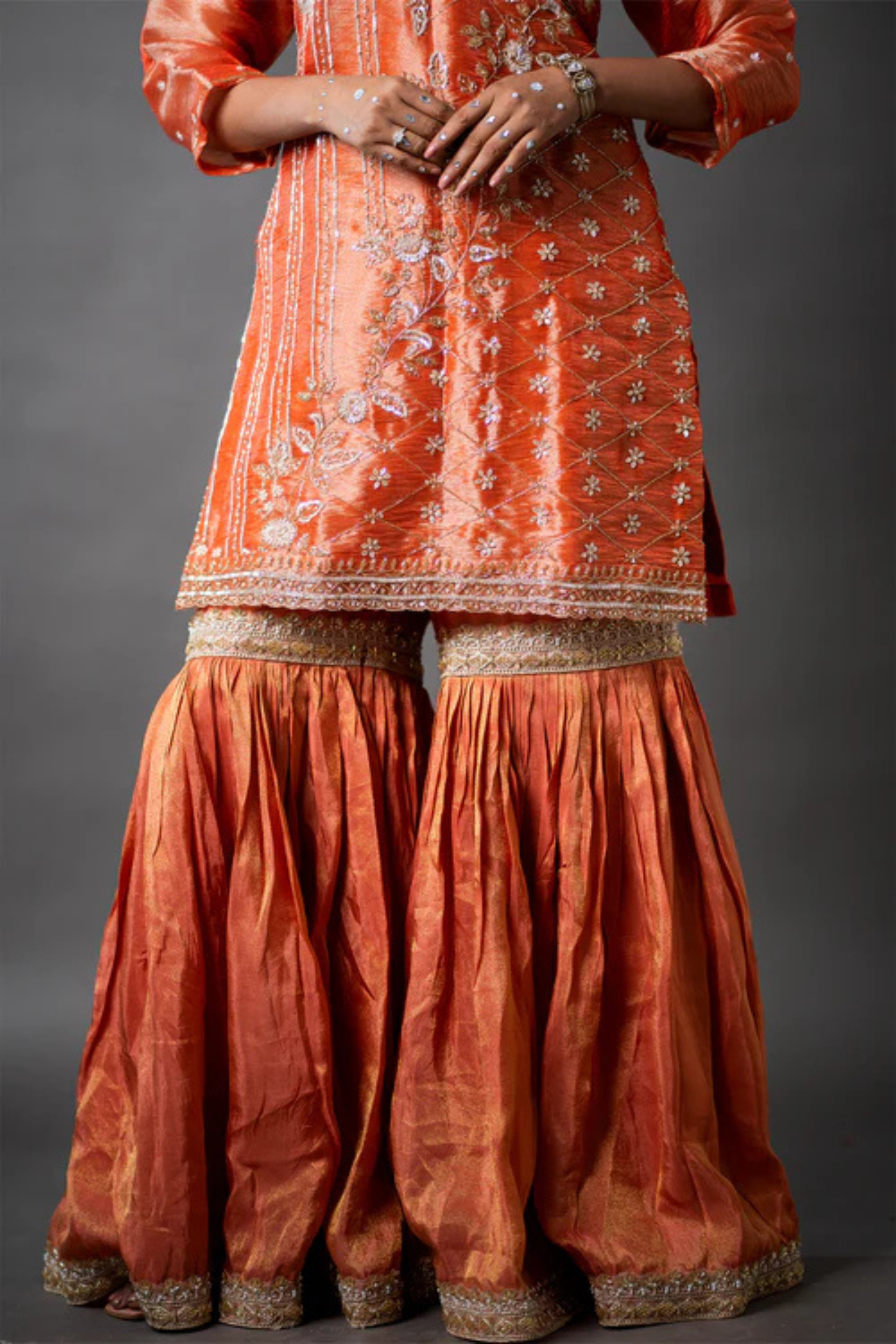 Orange Organza Kurta Gharara Set with Zari, Sequin & Pearl Hand Embroidery Work