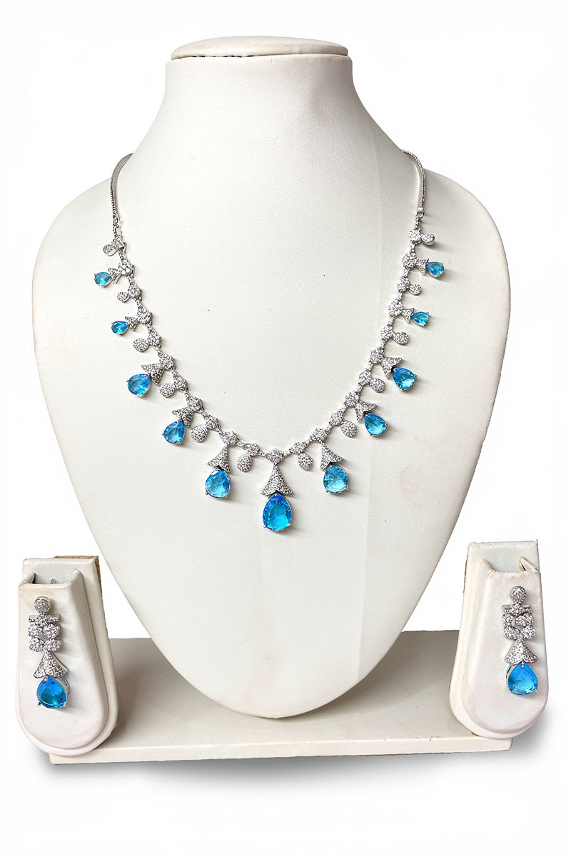 Sky Blue Teardrop Stone Necklace Set with Floral Diamond-Studded Detailing