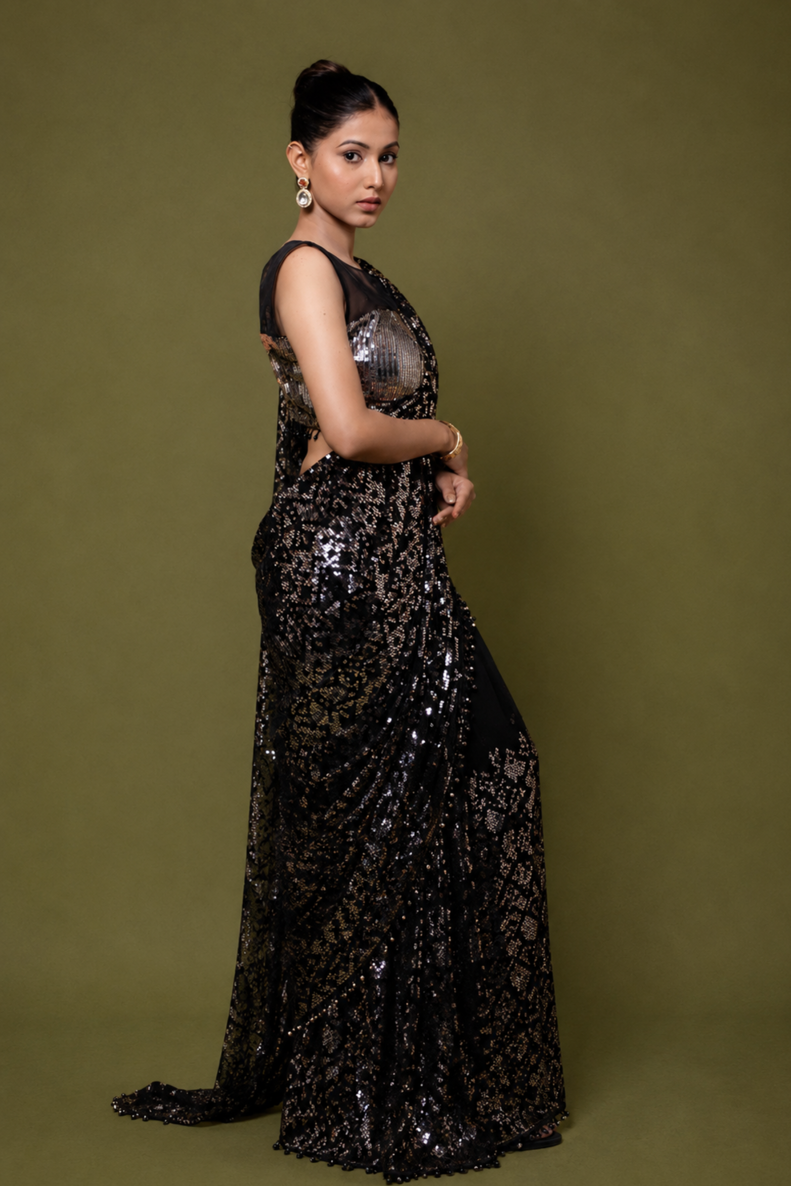 Black Georgette Saree with All-Over Sequin Embroidery With Ready To Wear Blouse