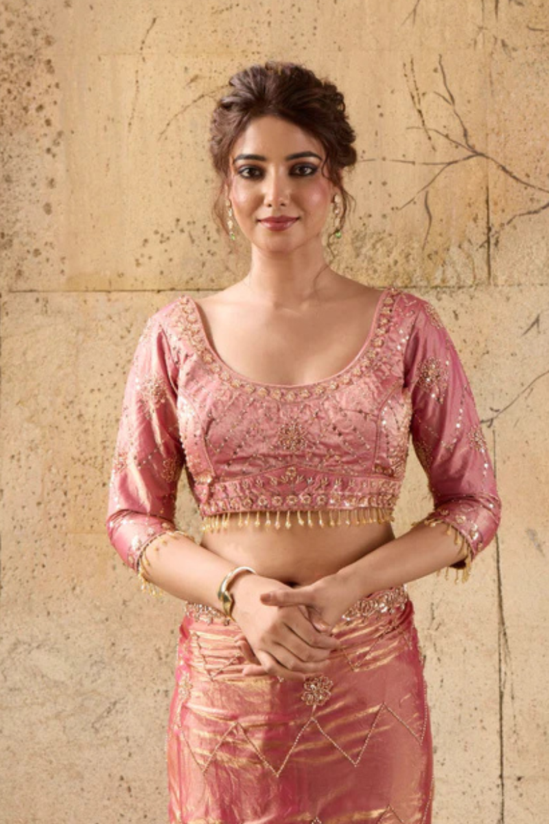 Rose Pink Organza Saree with Hand Embroidery with Stitched Blouse