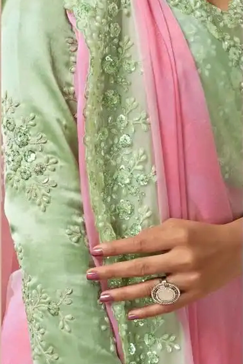 Blush Pink Georgette Saree with Mint Green Embroidered Border