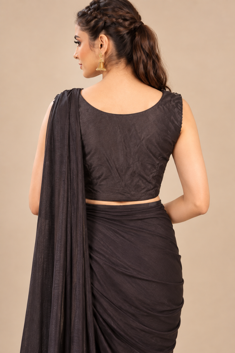 Brown Lycra Pre-Draped Saree with Sequin Embroidered Blouse
