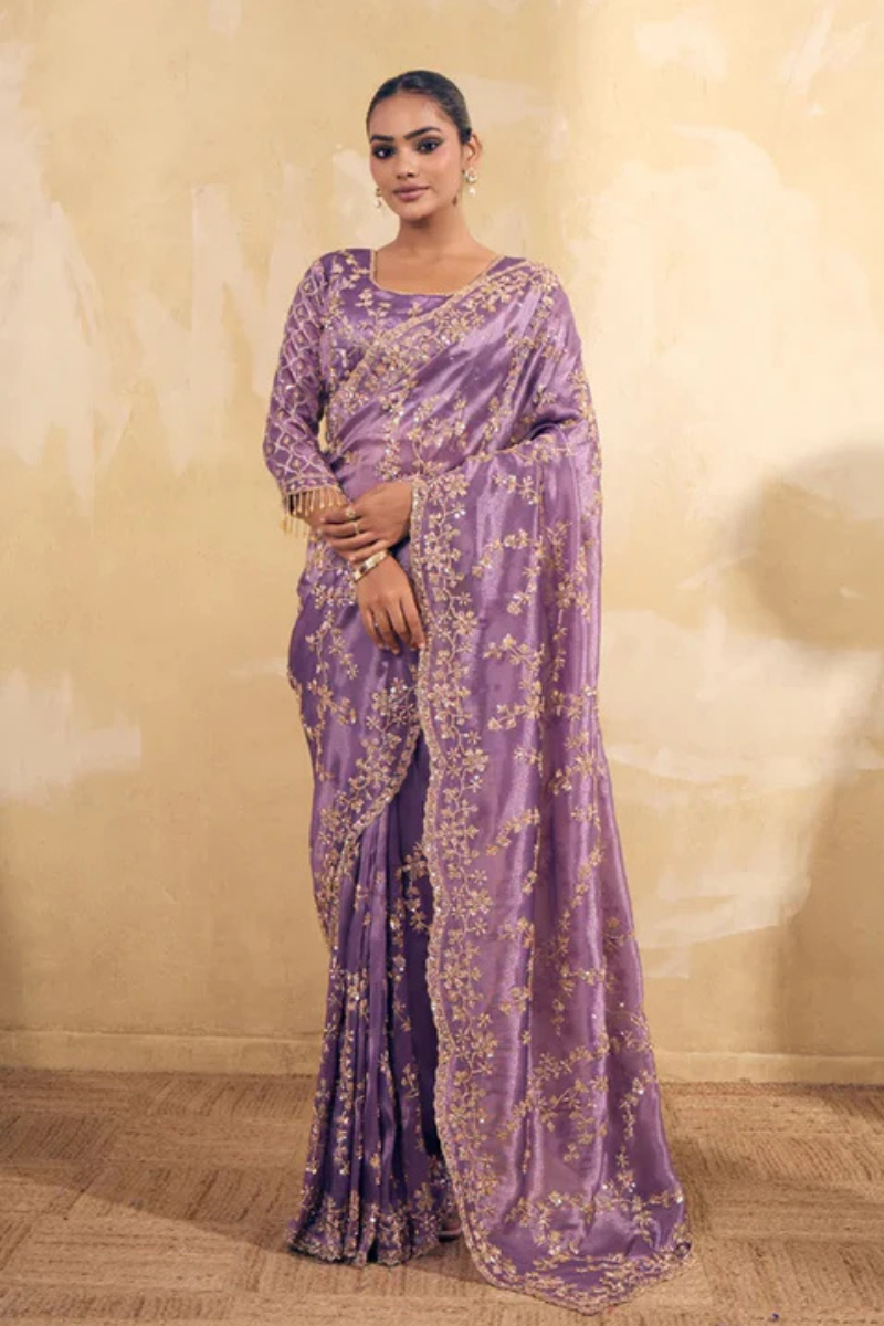 Lavendar Purple Organza Silk Saree with Hand Embriodery with Stitched Blouse