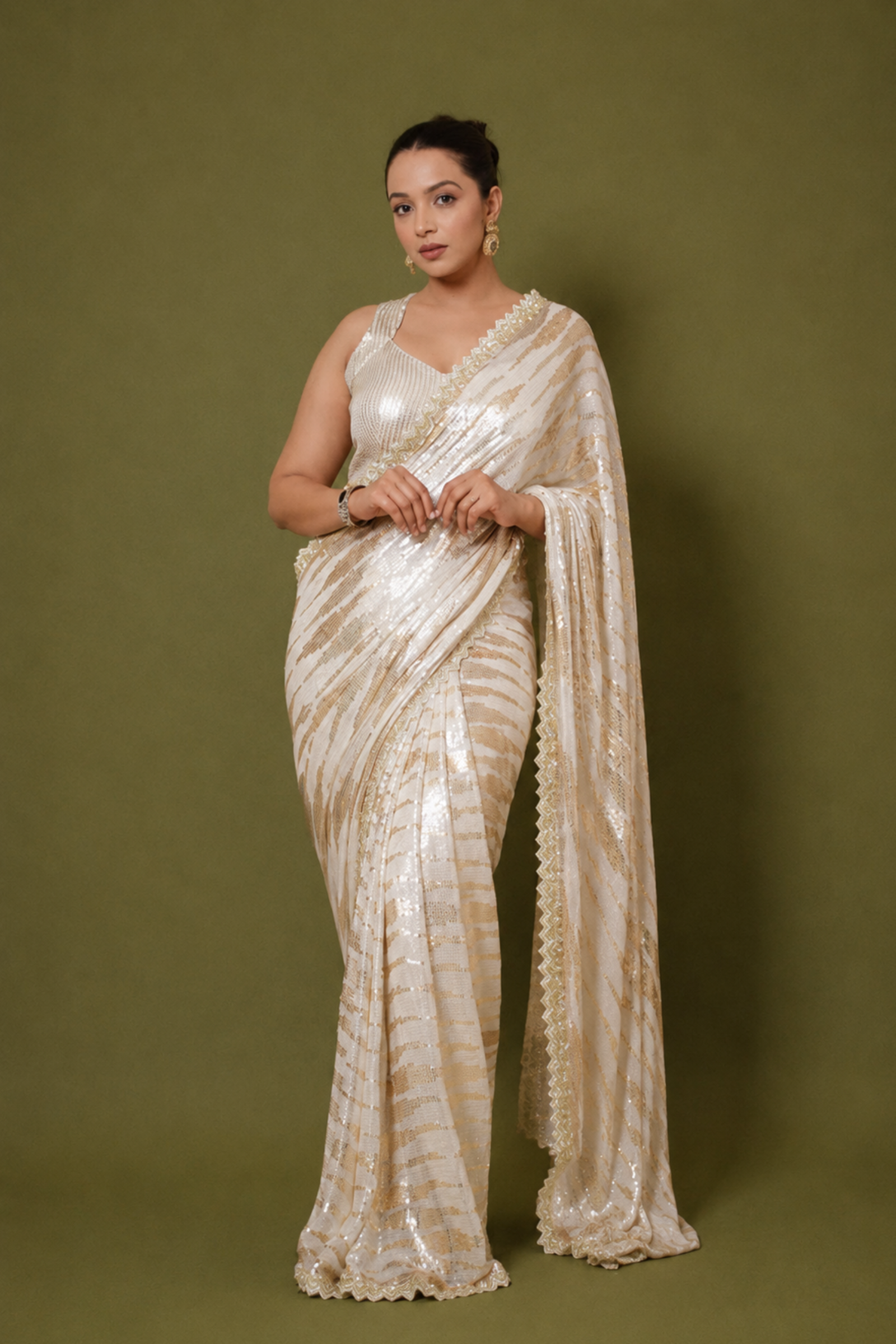 White & Champagne Gold Striped Sequin Embroidery Saree With Ready To Wear Blouse