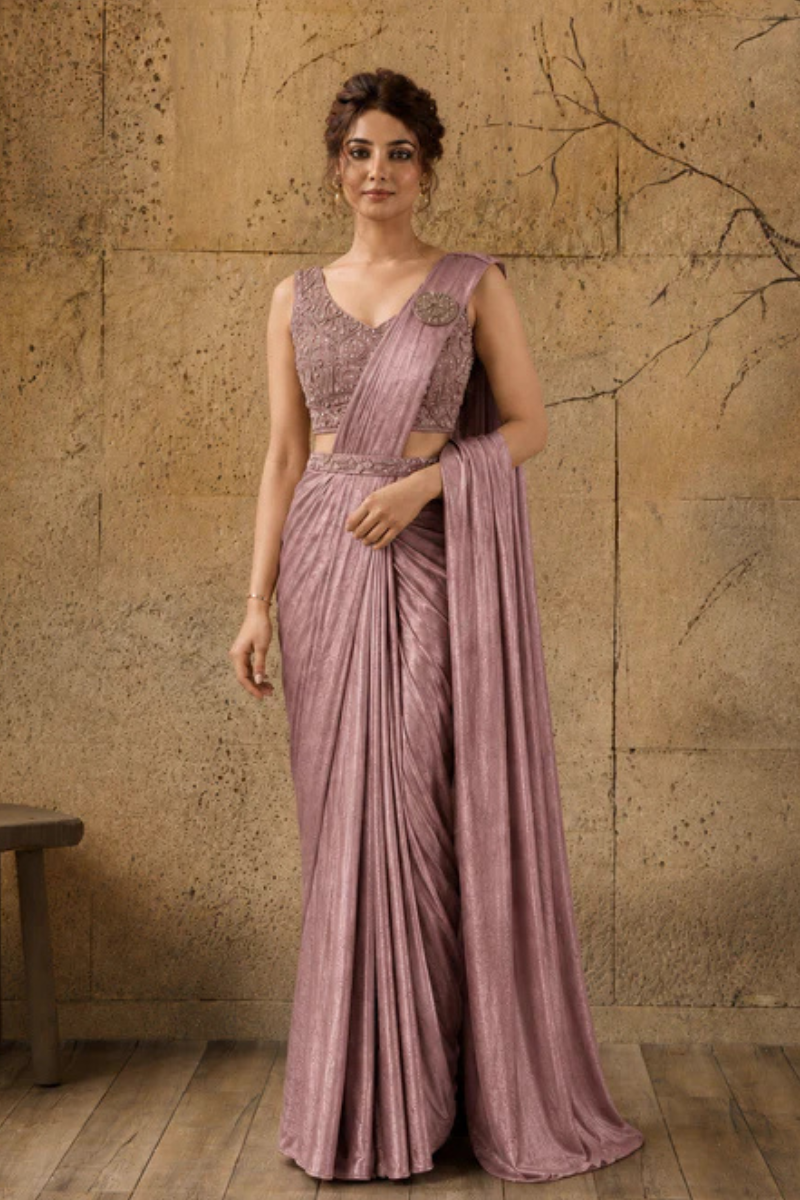 Light Rose Pink Lycra Pre-Draped Saree with Ready to Wear Blouse