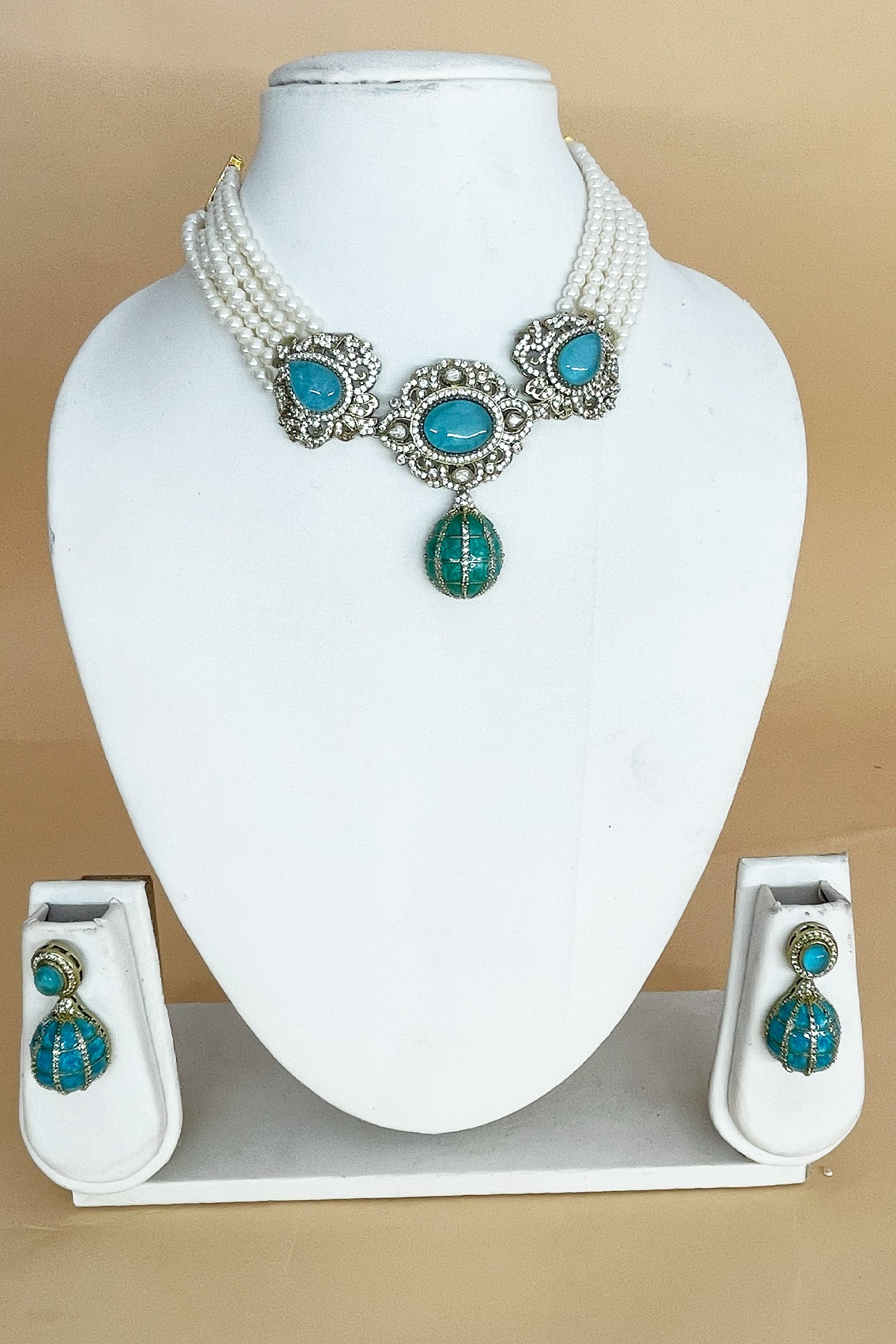 Turquoise Oval Stone Pearl Strand Necklace Set with Antique Golden Floral Detailing & Matching Drop Earrings