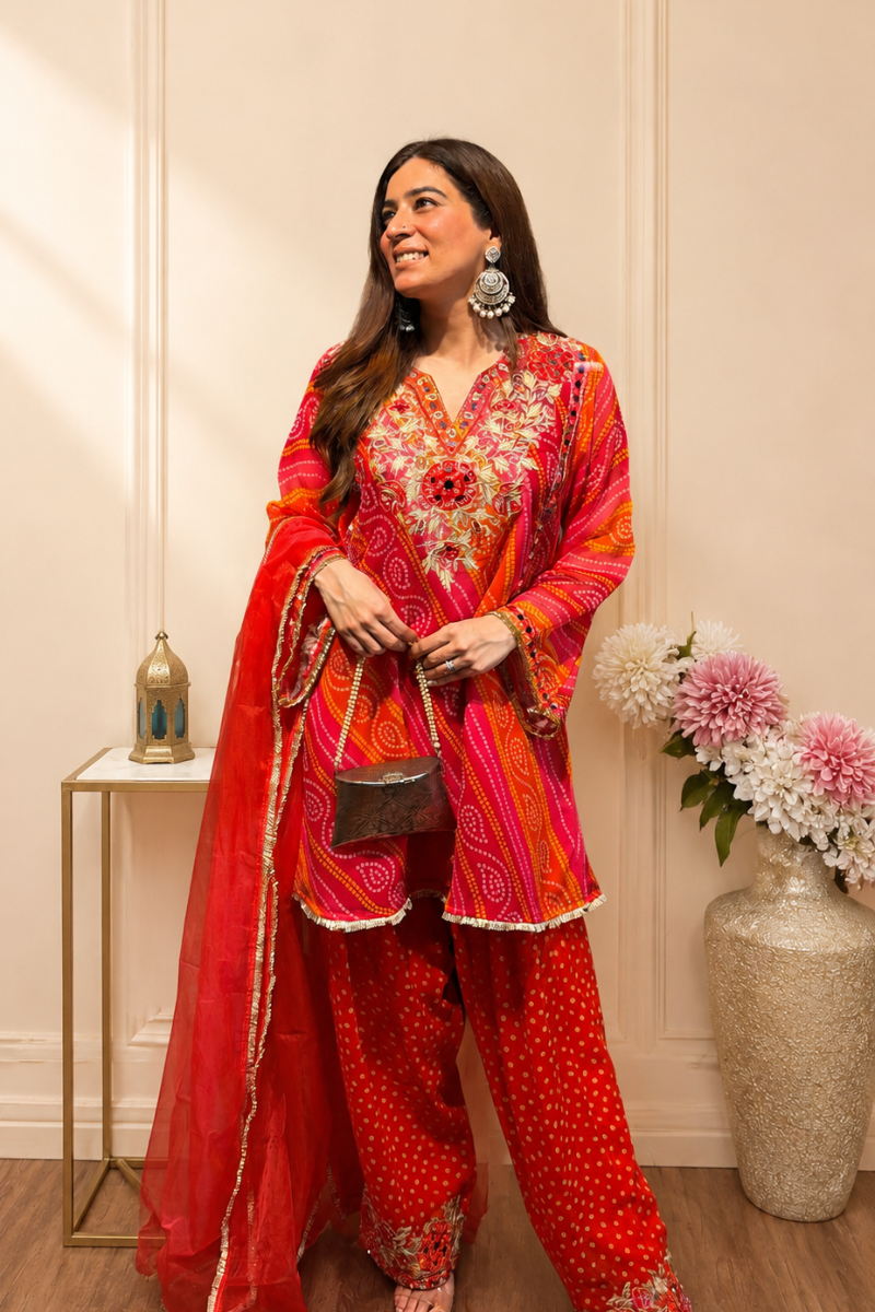 Red Georgette Printed Suit Set with Floral Embroidered Work
