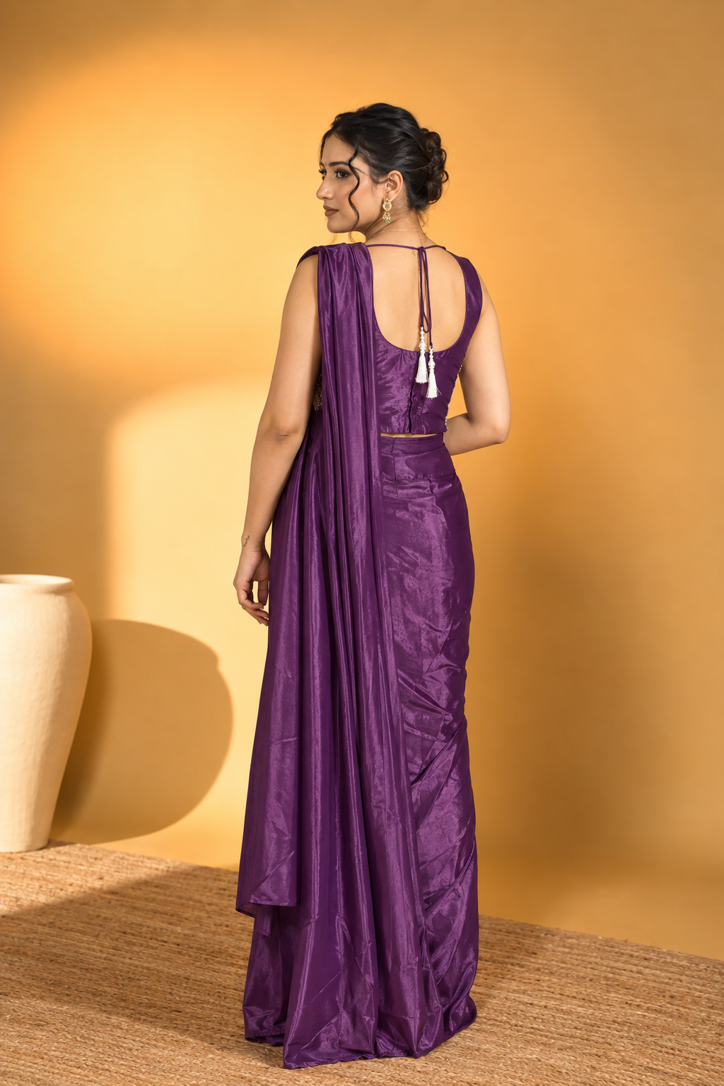 Dark Purple Satin Silk Pre-Draped Saree with Embroidered Work