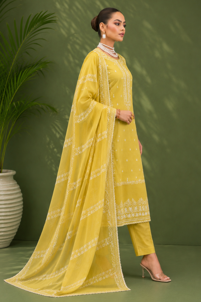 Mustard Yellow Pure Mal Cotton Suit Set with Laser Cut Work Design