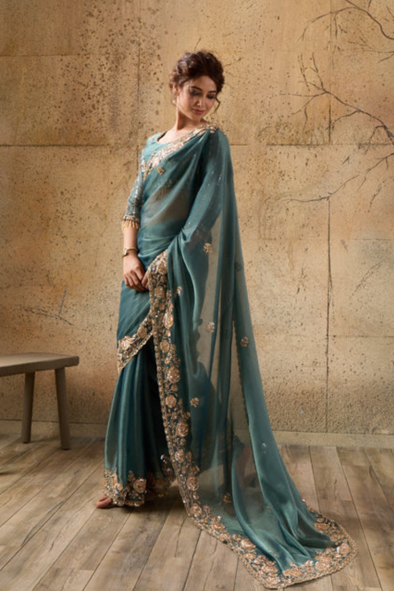 Bottle Green Organza Saree with Floral Hand Embroidery with Stitched Blouse