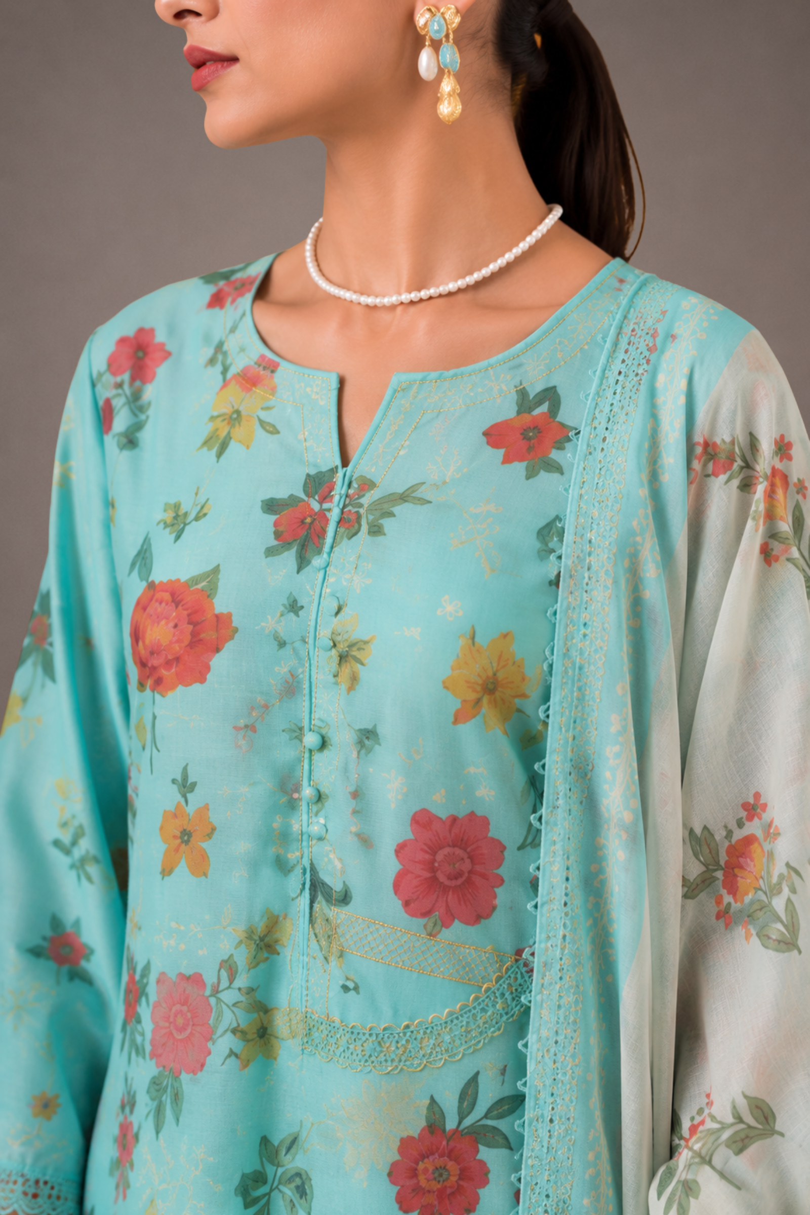 Green Pure Cotton Lawn Suit Set With Resham Embroidery, Digital Print & Scalloped Crochet Design