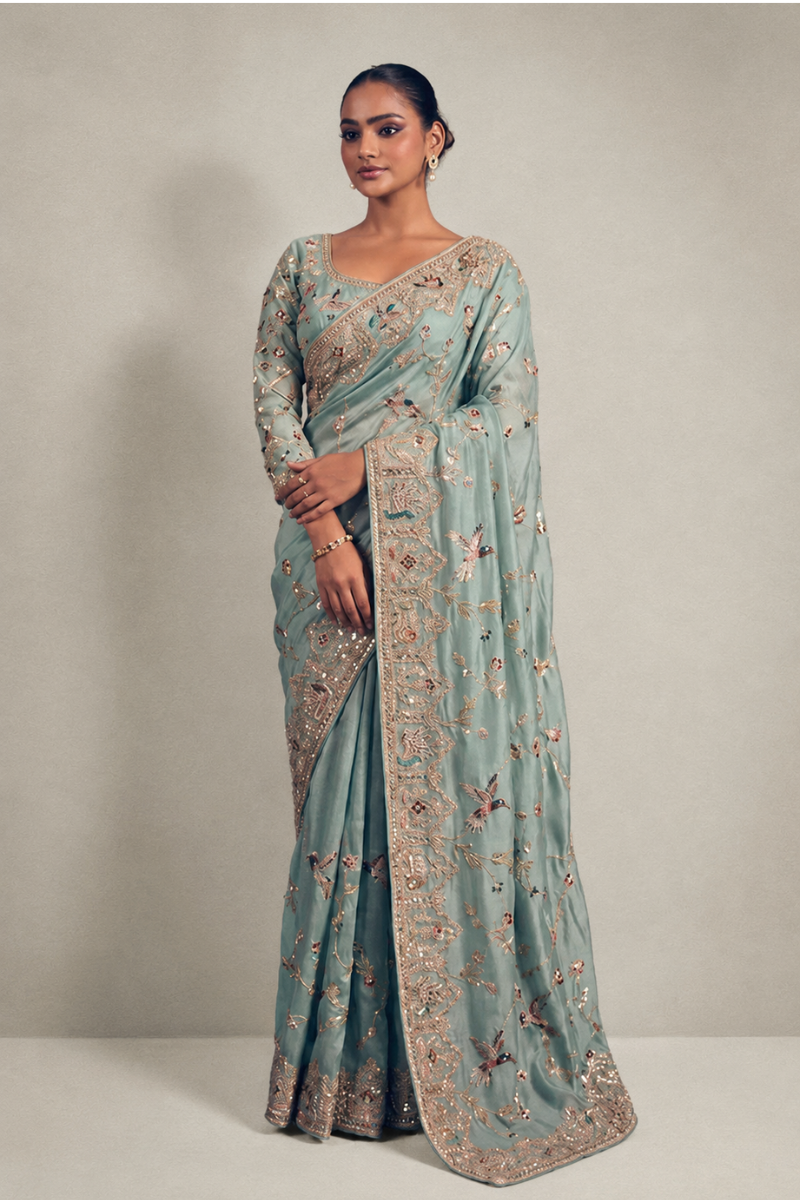 Light Teal Green Organza Silk Saree with Peacock Hand Embroidery with Stitched Blouse