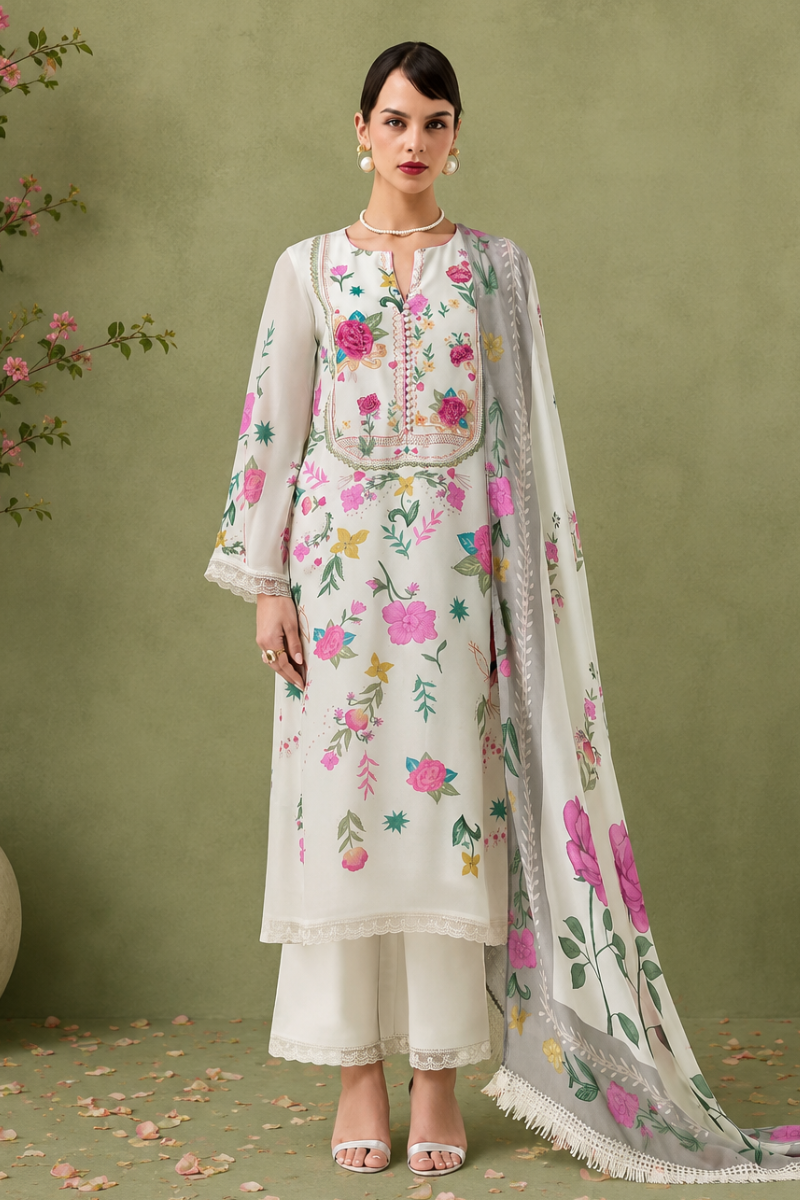 Off-White Pure Cotton Lawn Suit Set With Resham Embroidery, Digital Print & Scalloped Crochet Design