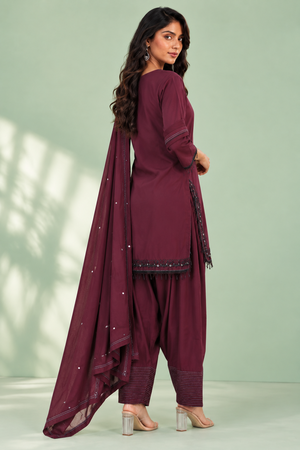 Wine Purple Silk Farsi Set With Mirror Embroidery