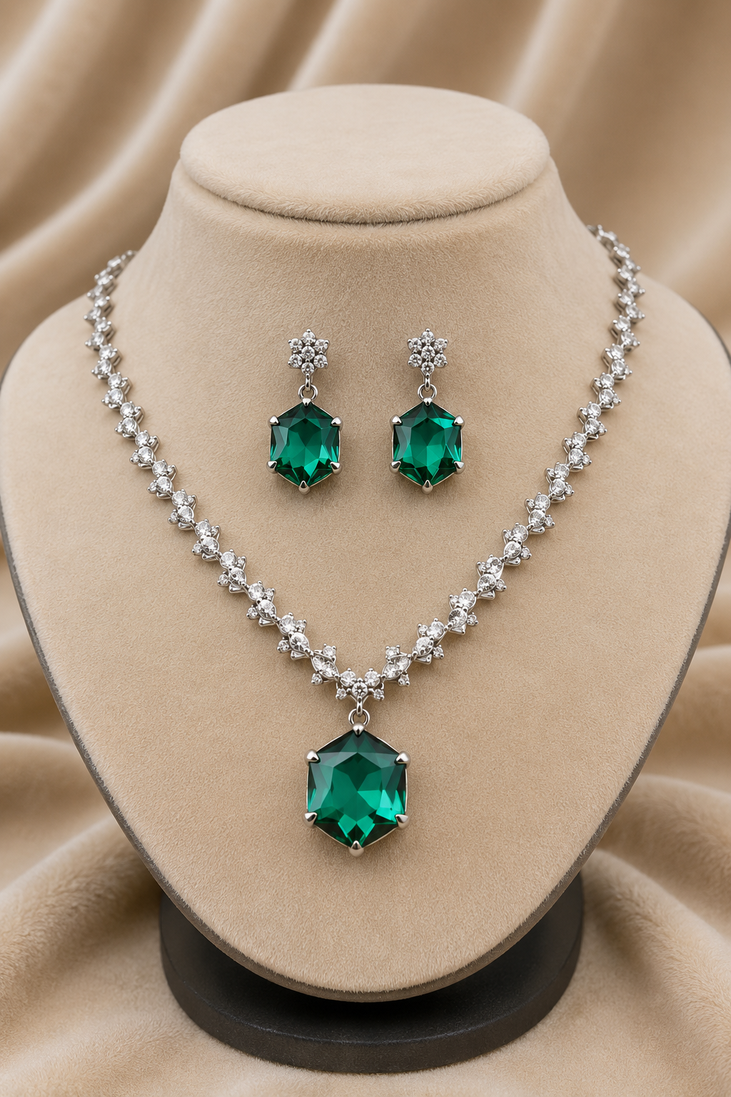 Emerald Green AD Necklace Jewellery with Earrings