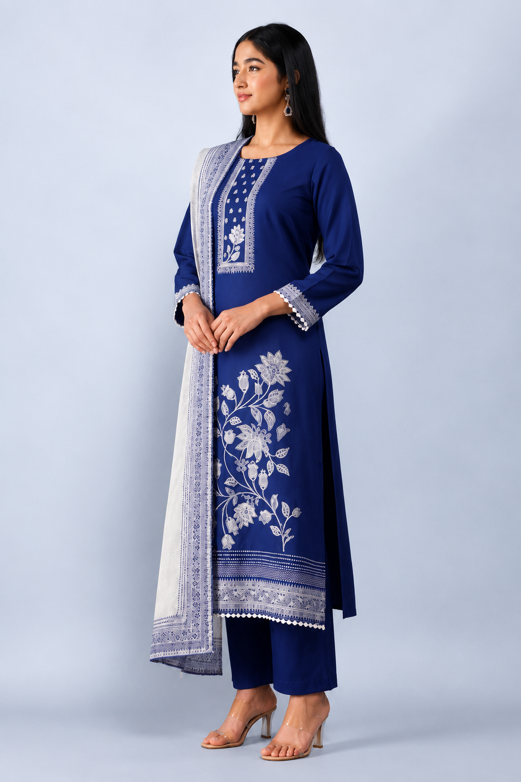 Royal Blue Bemberg Banarasi Jamdani Suit Set With Crochet Lace
