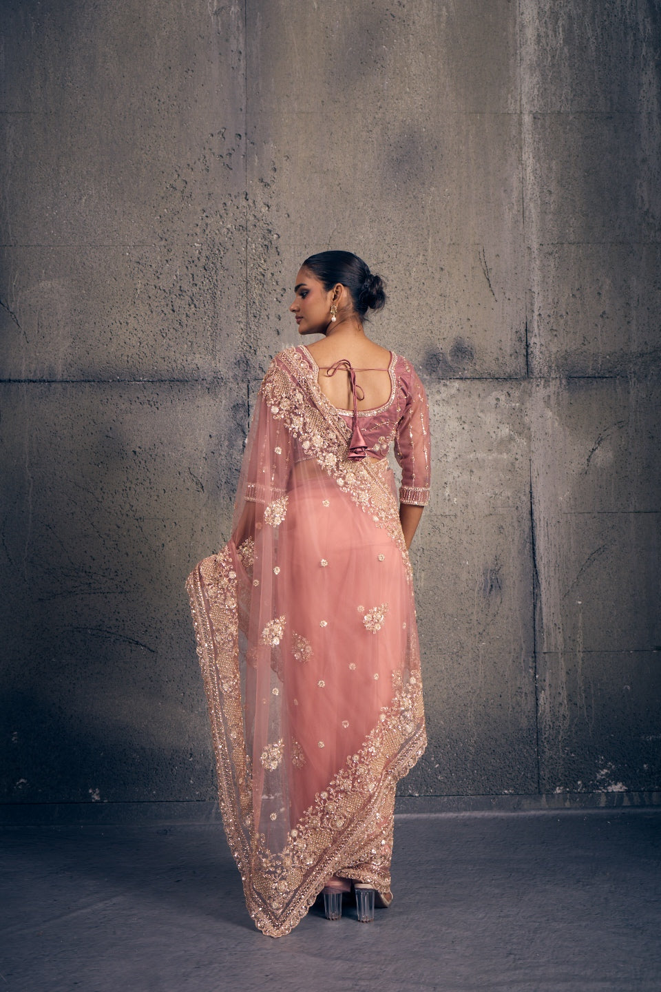 Light Rose Pink Net Saree with Hand Embroidery with Stitched Blouse