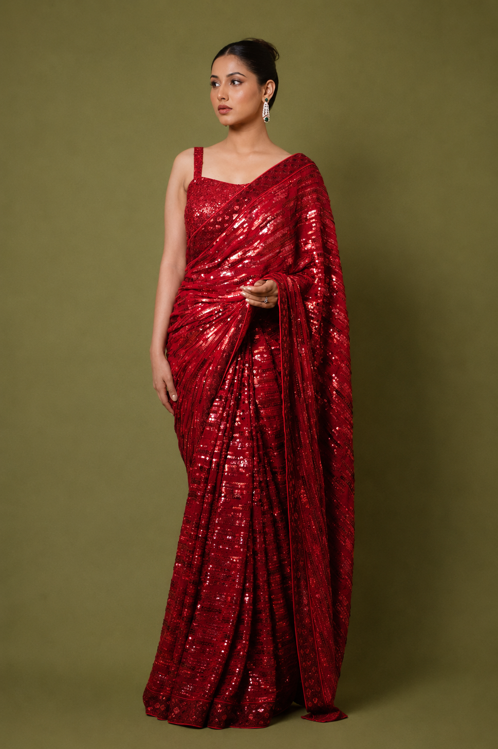 Hot Red Georgette Saree with All-Over Sequin Embroidery With Ready To Wear Blouse