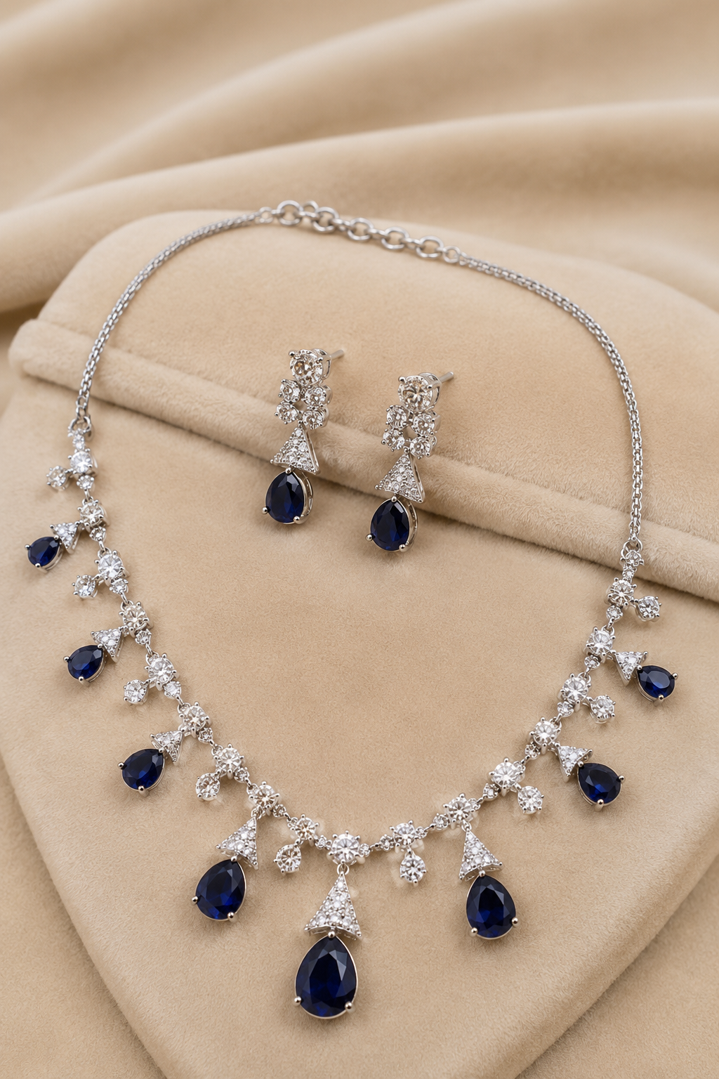 Midnight Blue Teardrop Stone Necklace Set with Floral Diamond-Studded Detailing