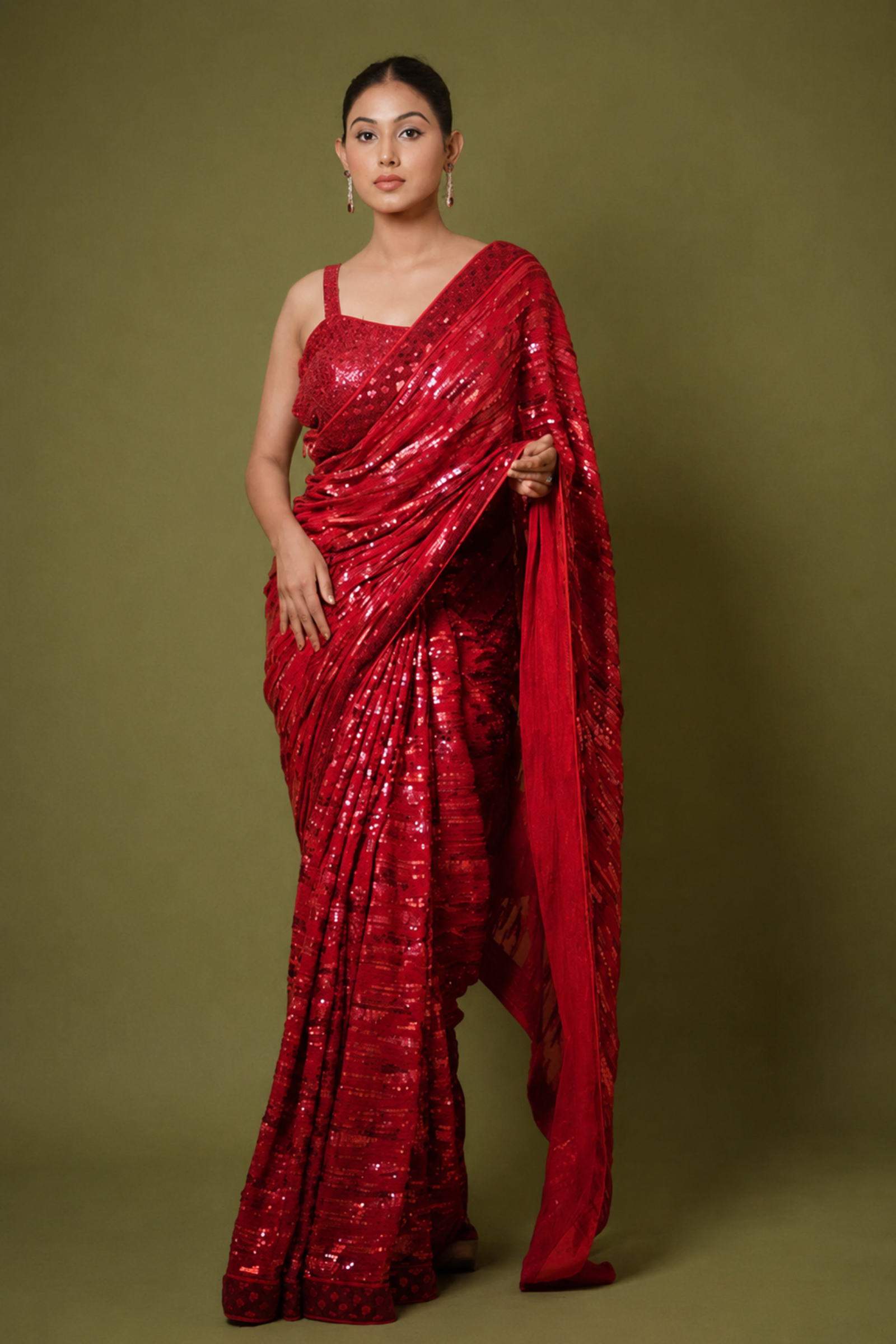Hot Red Georgette Saree with All-Over Sequin Embroidery With Ready To Wear Blouse