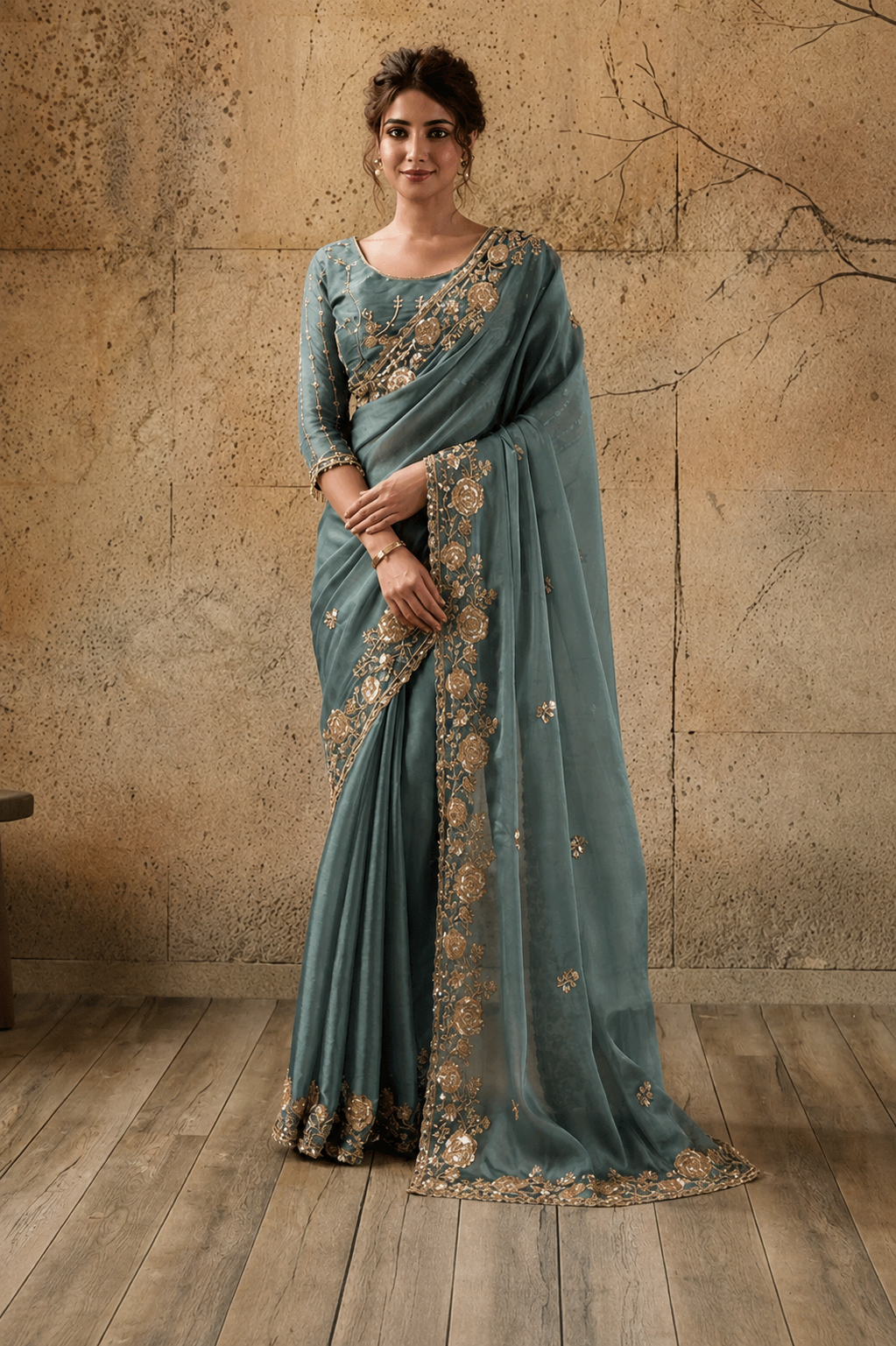 Steel Blue Organza Saree with Floral Hand Embroidery