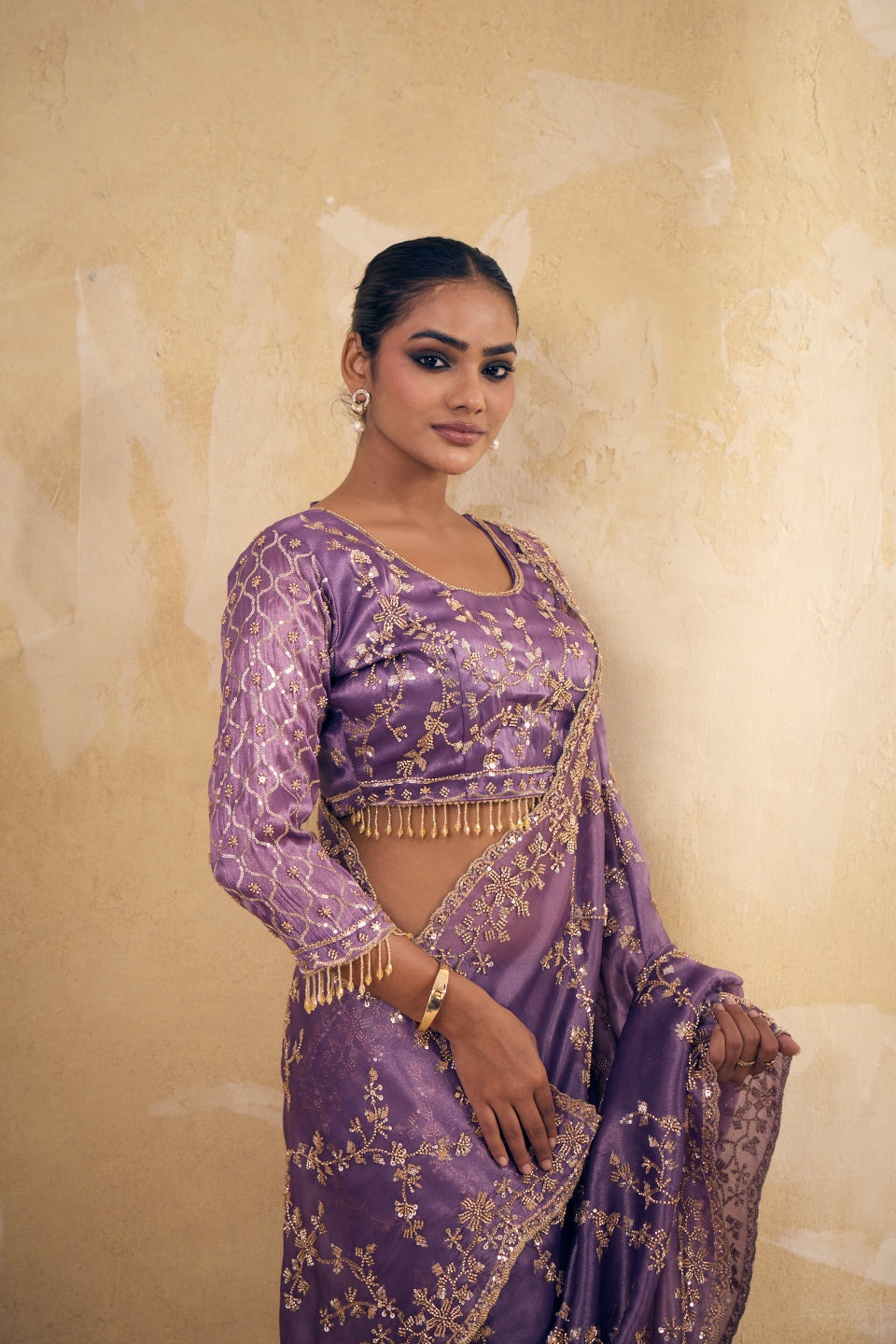 Lavendar Purple Organza Silk Saree with Hand Embriodery with Stitched Blouse