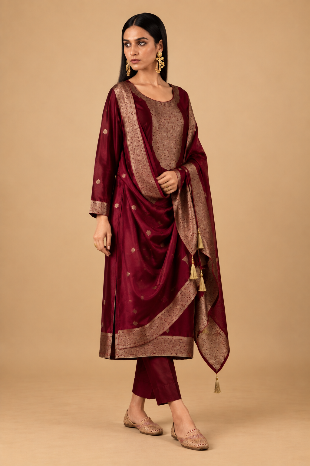 Wine Maroon Viscose Silk Jacquard Suit Set With Hand Work