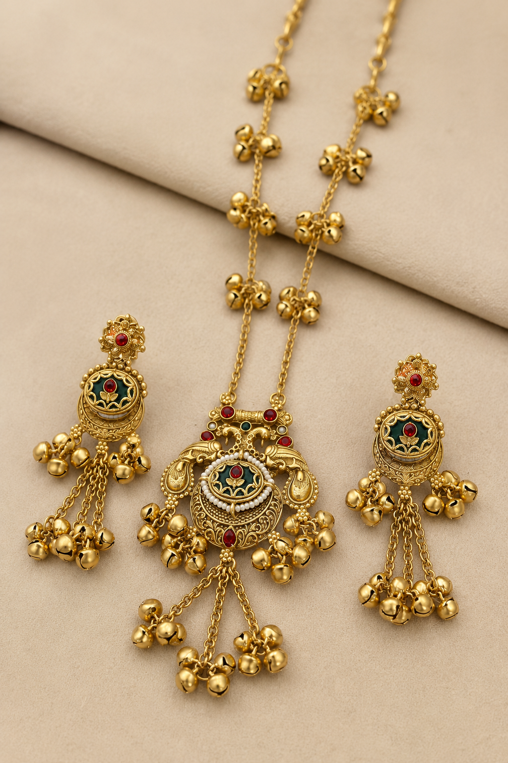 Gold-Tone Anti-Tarnish Long Necklace Set With Peacock Design