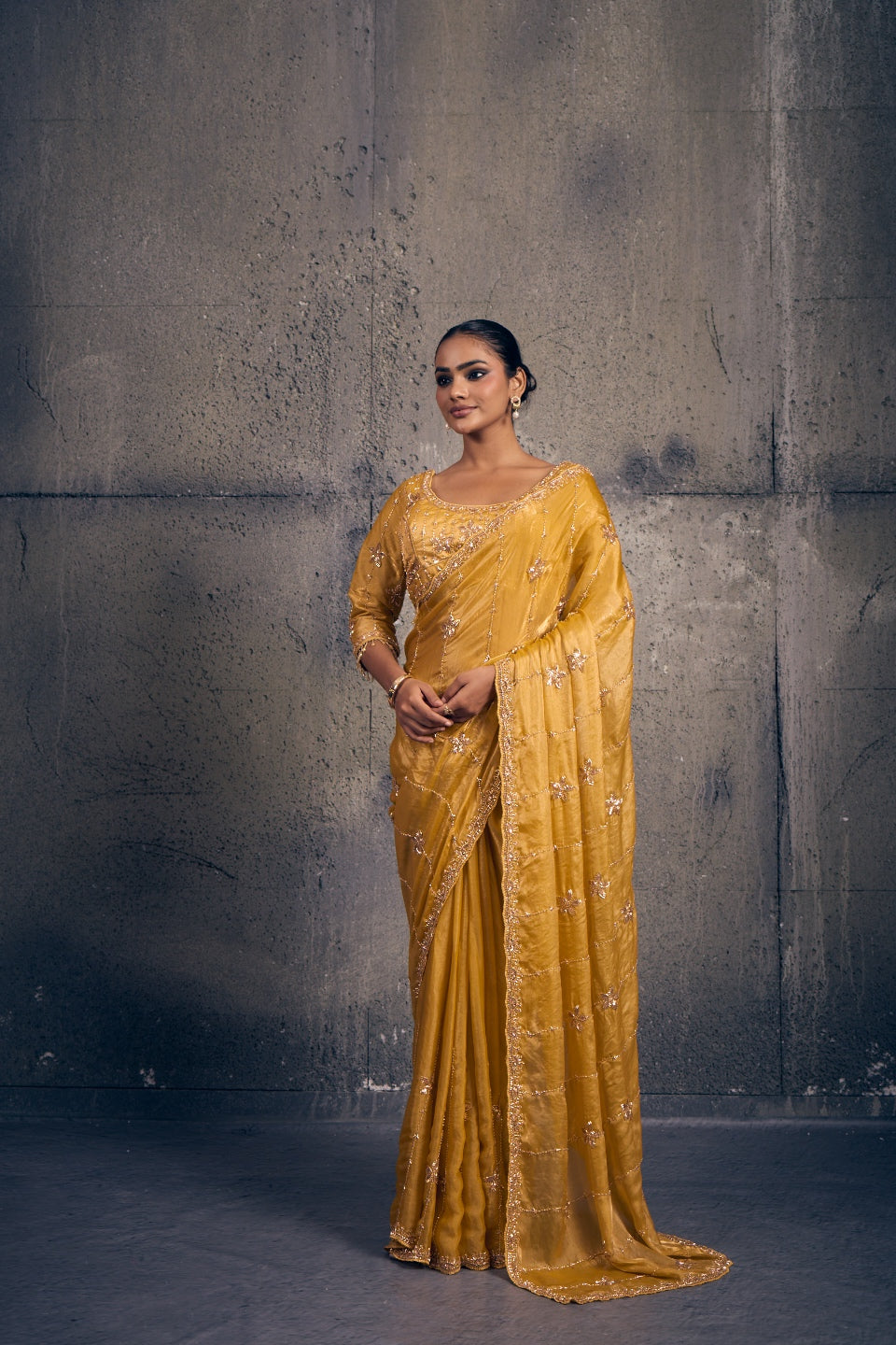 Yellow Tissue Silk Saree with Hand Embroidery with Stitched Blouse