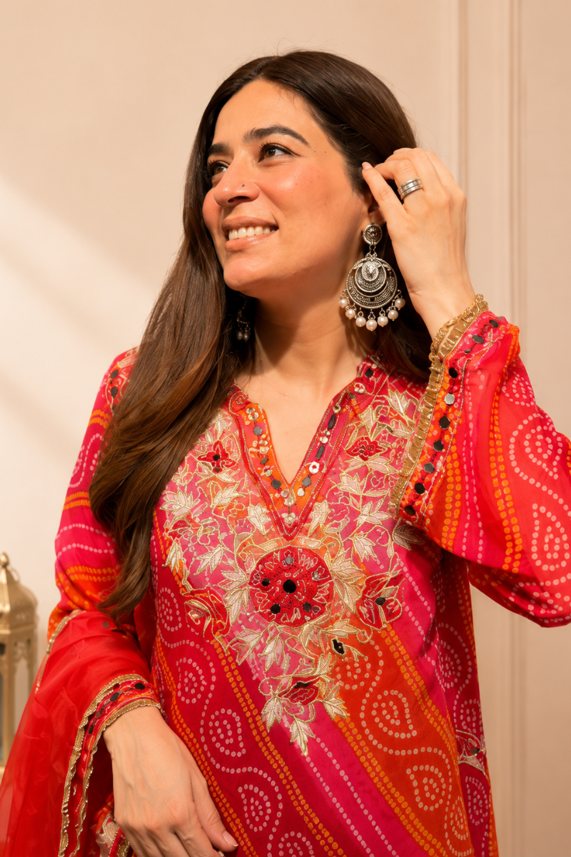 Red Georgette Printed Suit Set with Floral Embroidered Work