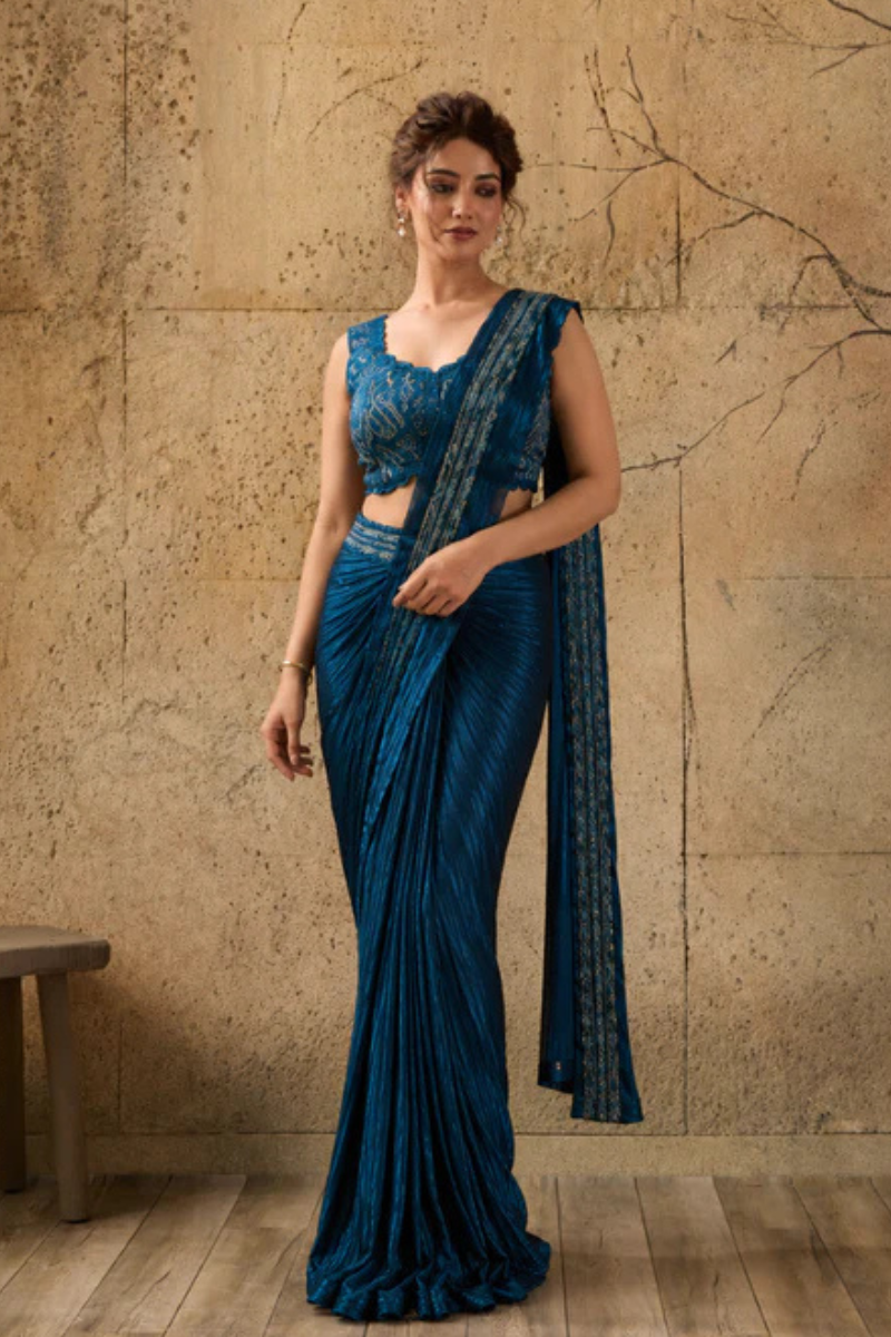 Teal Blue Georgette Pre-Draped Saree with Heavy Sequin Embroidered Ready to Wear Blouse