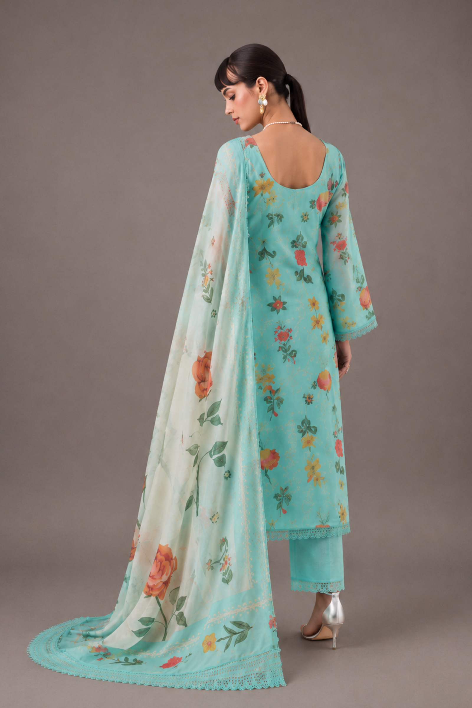 Green Pure Cotton Lawn Suit Set With Resham Embroidery, Digital Print & Scalloped Crochet Design