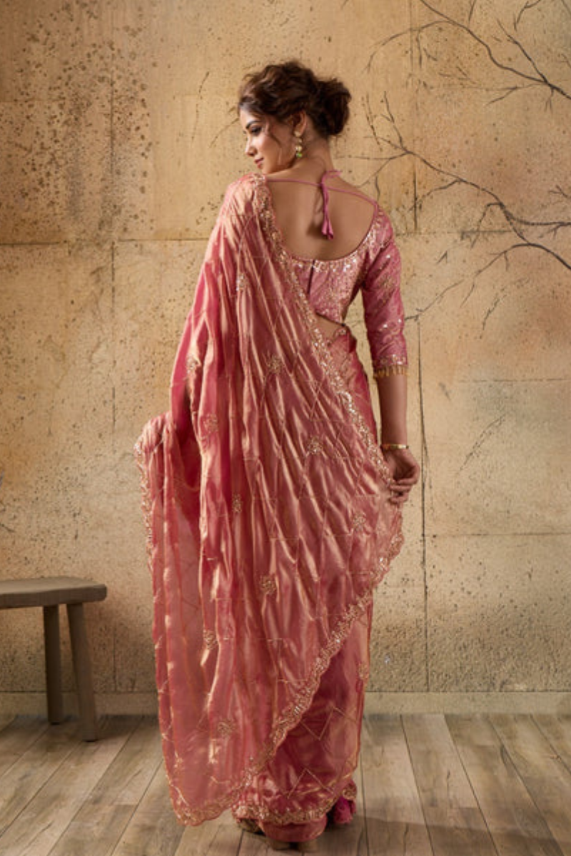 Rose Pink Organza Saree with Hand Embroidery with Stitched Blouse