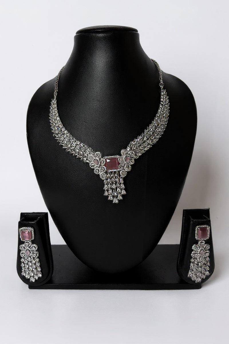 Pink Silver Tone American Diamond Necklace Set with Floral Motif