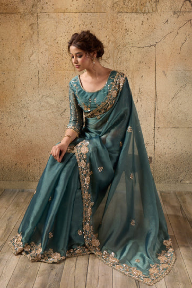 Bottle Green Organza Saree with Floral Hand Embroidery with Stitched Blouse