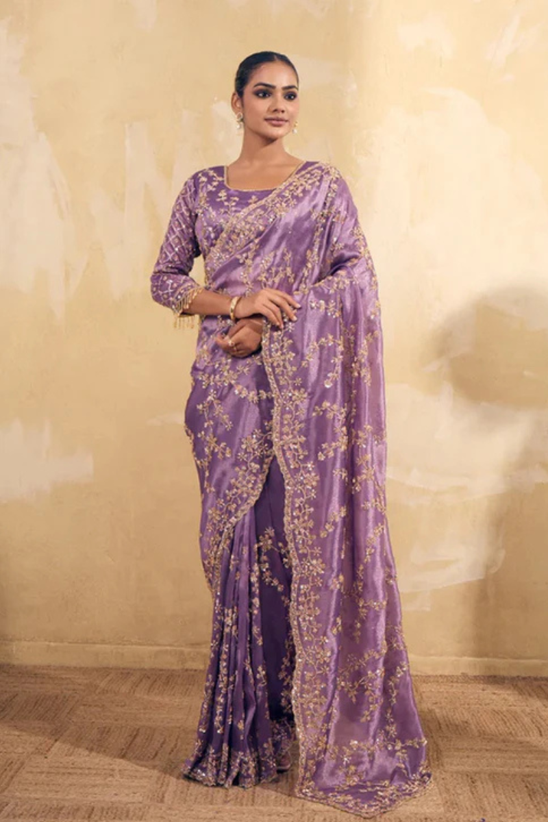 Lavendar Purple Organza Silk Saree with Hand Embriodery with Stitched Blouse