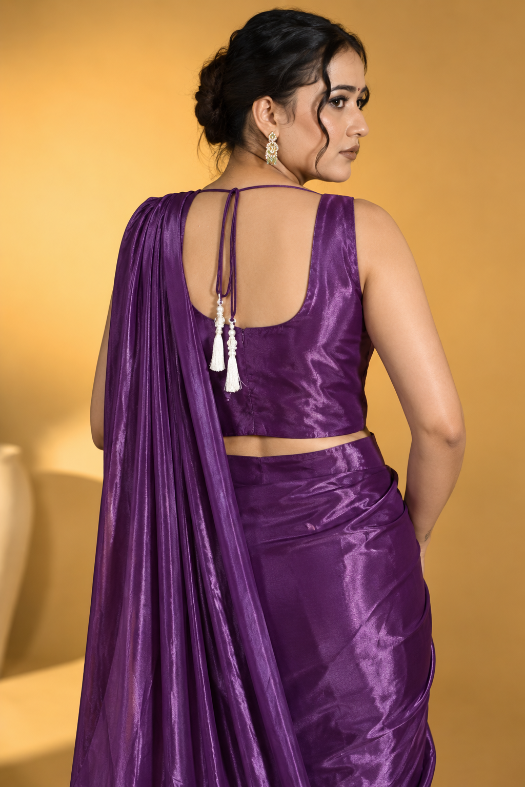 Dark Purple Satin Silk Pre-Draped Saree with Embroidered Work