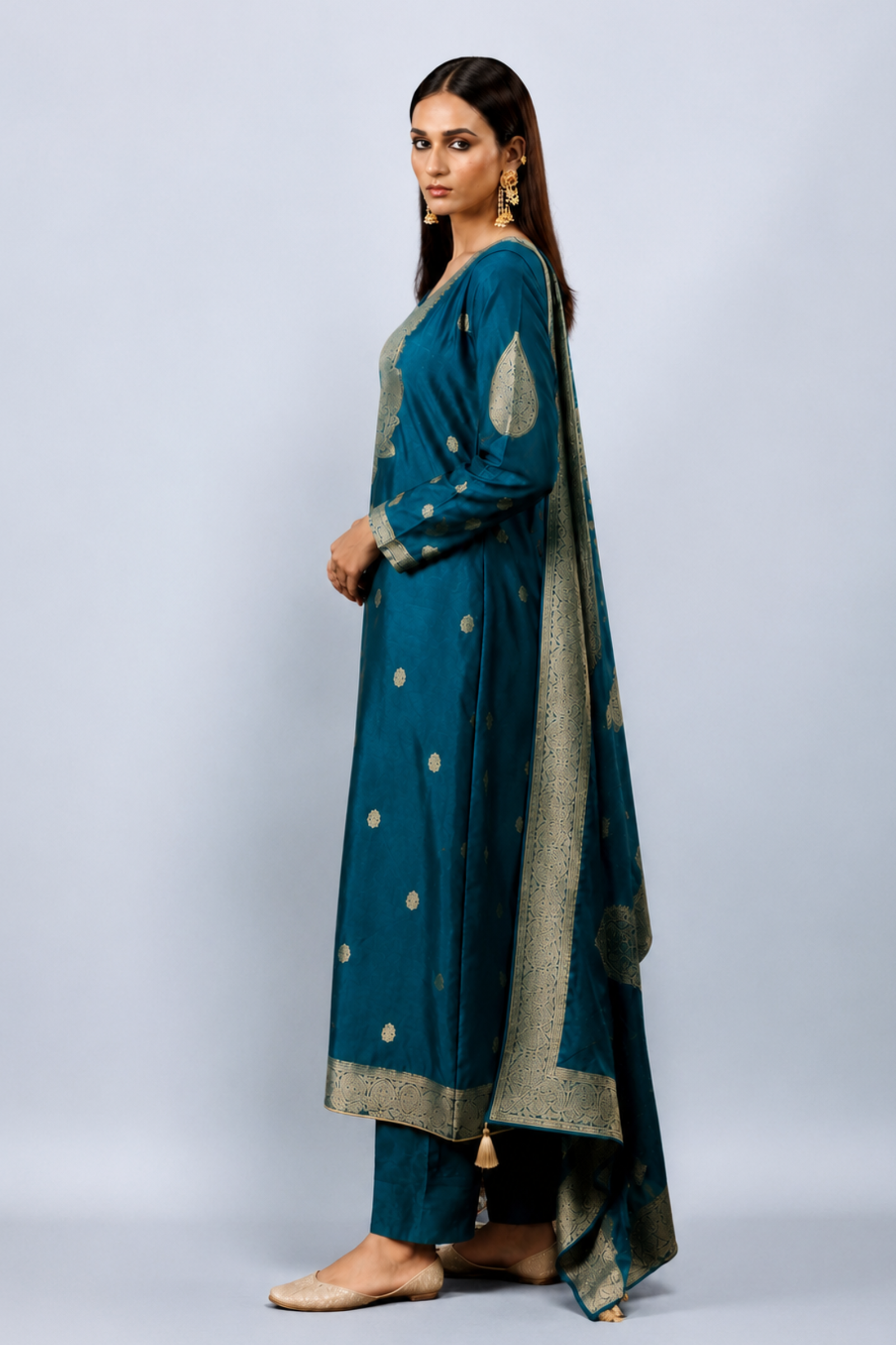 Turquoise Blue Premium Viscose Woven Silk Jacquard Suit Set with Hand Work Design