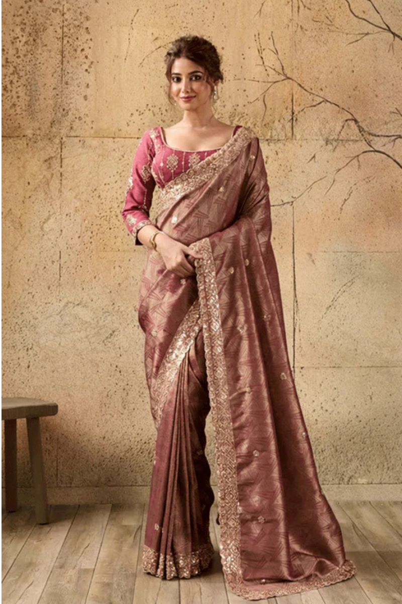 Pink Organza Silk Saree with Zari Hand Embroidery with Stitched Blouse
