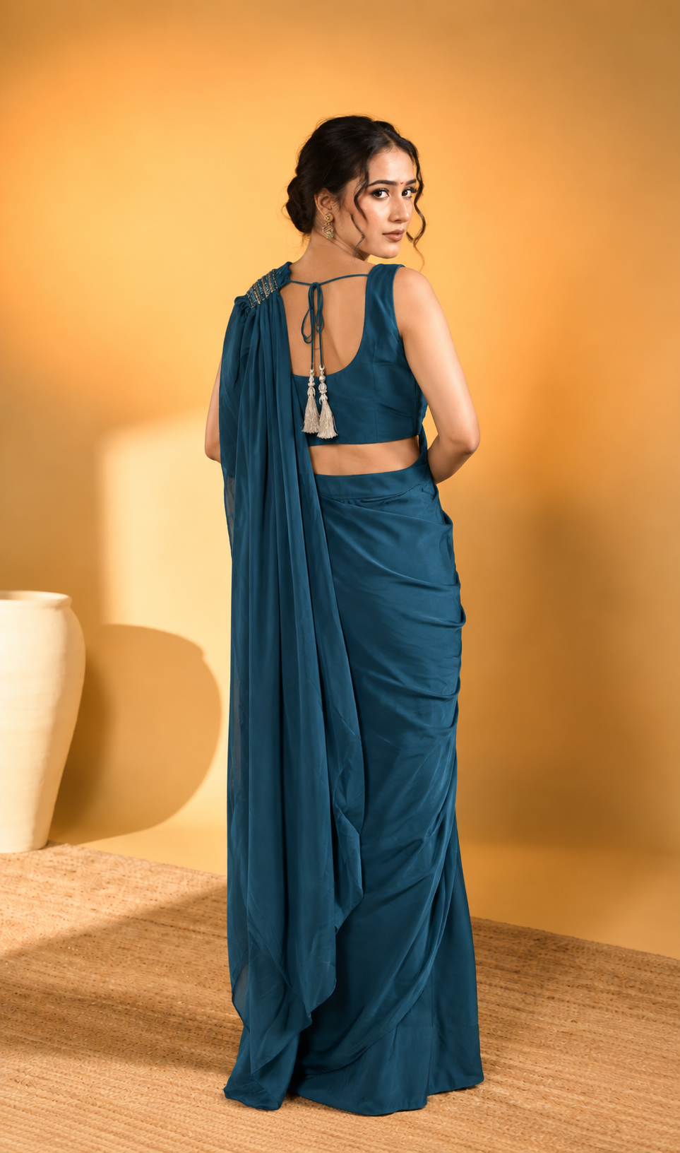 Teal Blue Satin Silk Pre-Draped Saree with Embroidered Work