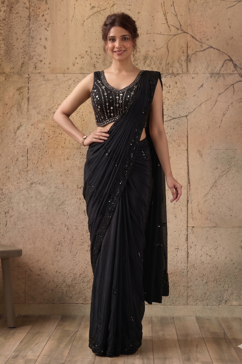Black Lycra Pre-Draped Saree with Sequin Work and Ready to Wear Blouse