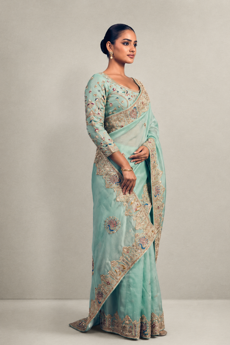 Light Teal Green Organza Silk Saree with Peacock Hand Embroidery with Stitched Blouse