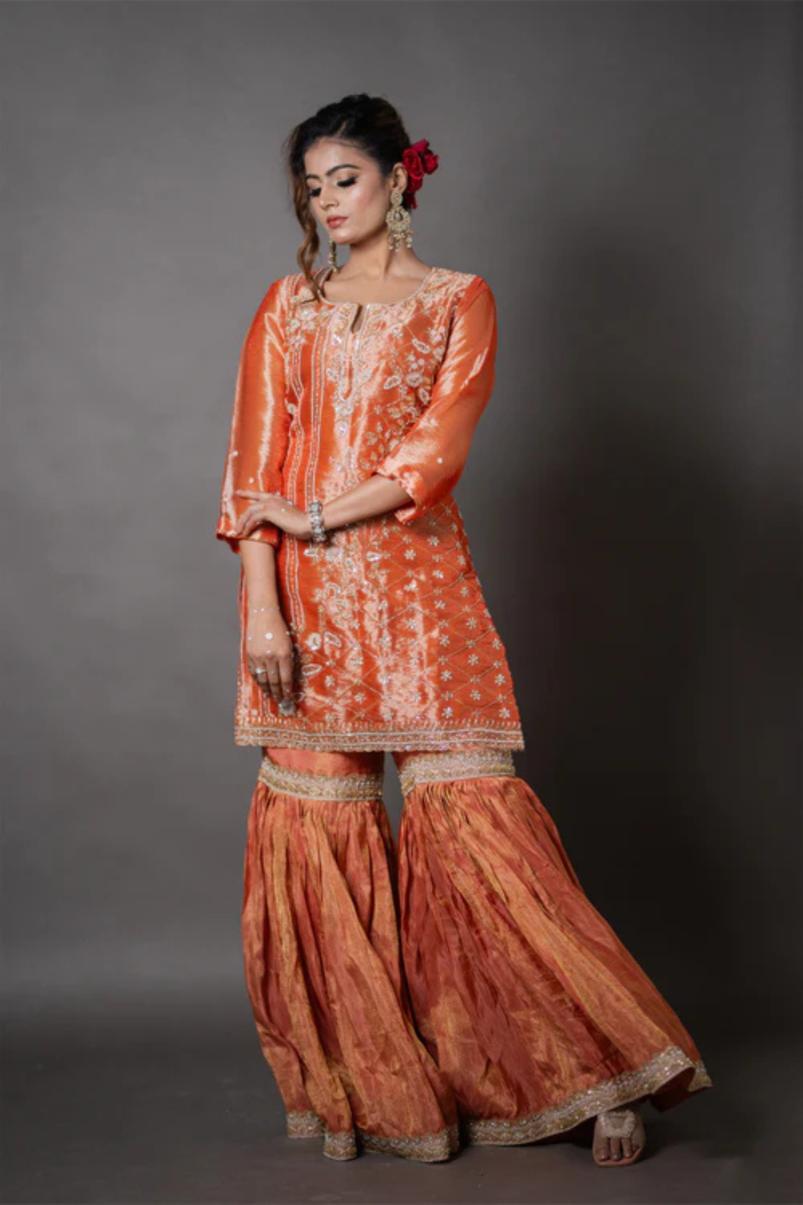 Orange Organza Kurta Gharara Set with Zari, Sequin & Pearl Hand Embroidery Work