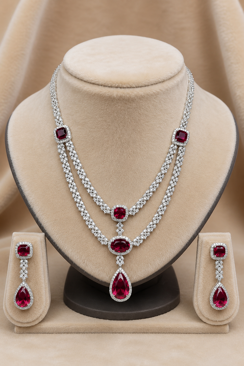 Ruby Oval-Cut Necklace Set with American Diamond Detailing