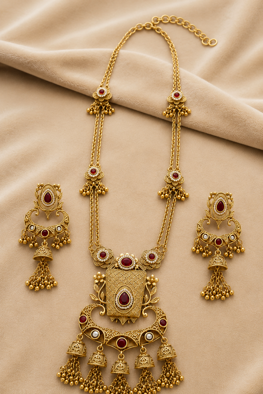 Gold-Tone Anti-Tarnish Traditional Temple Long Pendant Necklace Set with Red & Green Stones