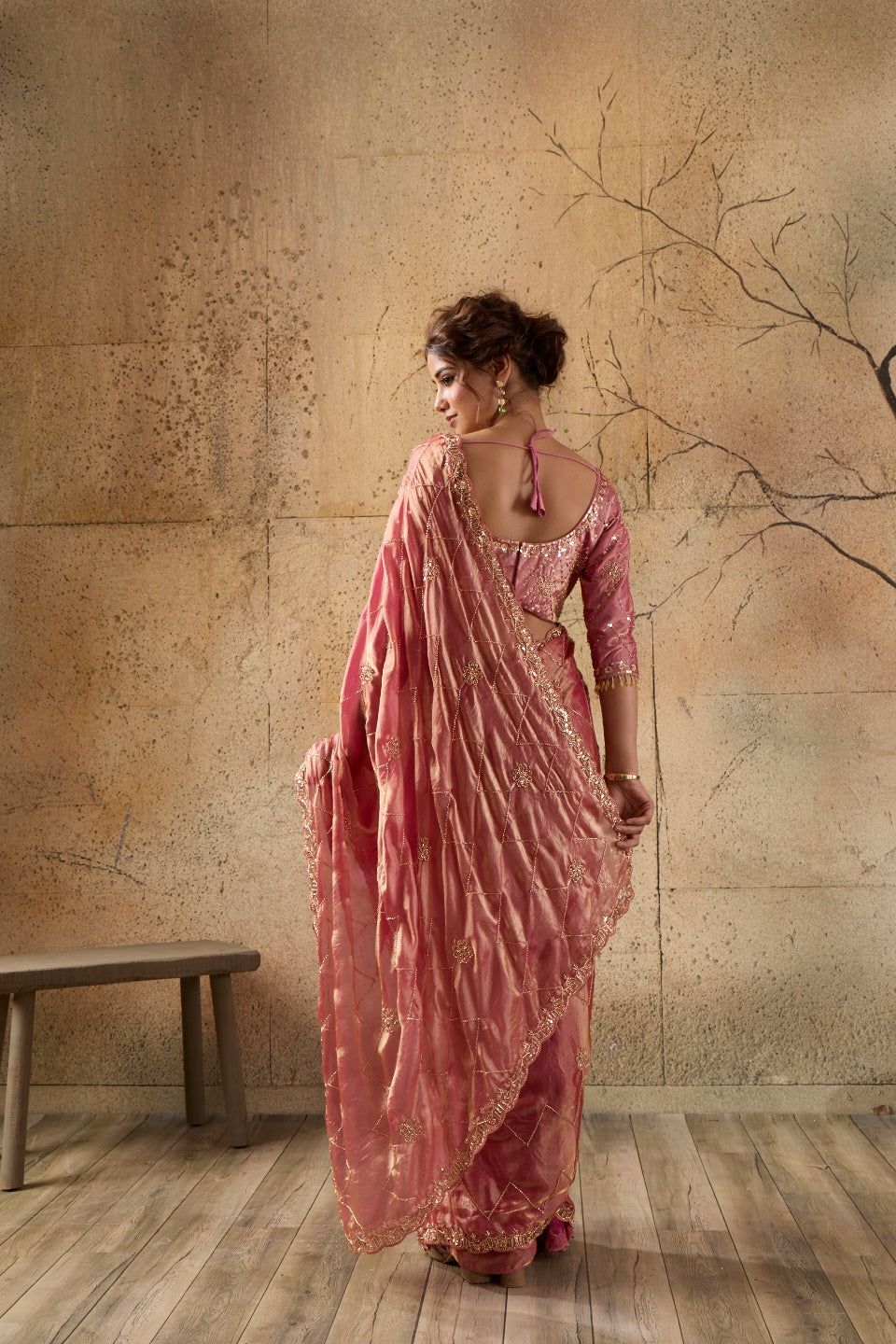Rose Pink Organza Saree with Hand Embroidery with Stitched Blouse