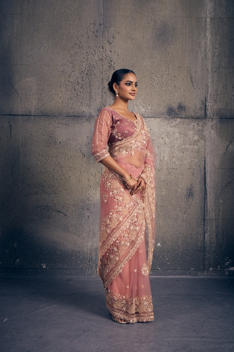 Light Rose Pink Net Saree with Hand Embroidery with Stitched Blouse